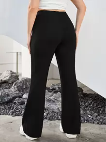 SHEIN EZwear Plus Solid Drawstring Waist Flare Leg Trousers - Black - View 2
