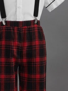 SHEIN 小男童前蝴蝶結襯衫和格紋背帶長褲
