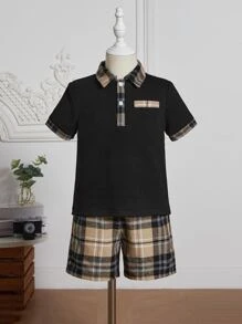 SHEIN 小男童格紋POLO衫和短褲