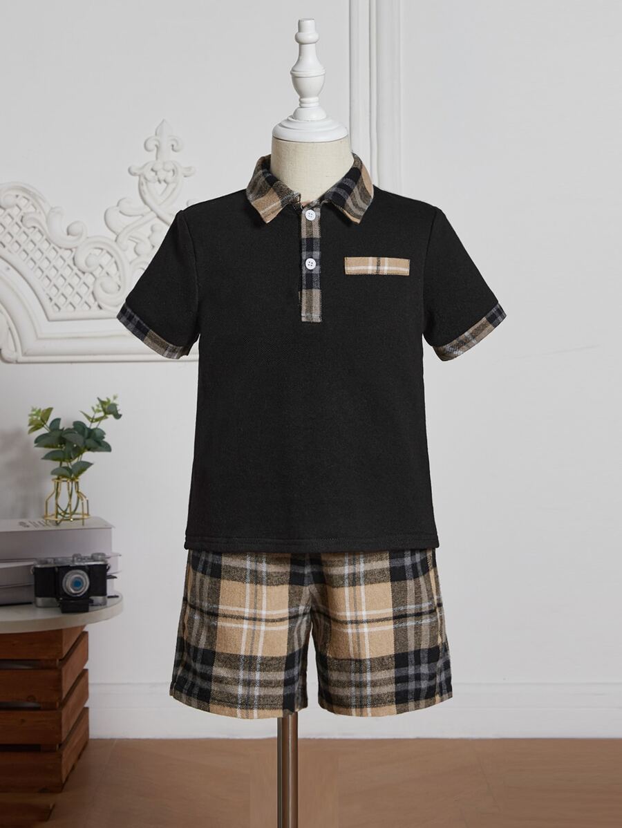 SHEIN 小男童格紋POLO衫和短褲