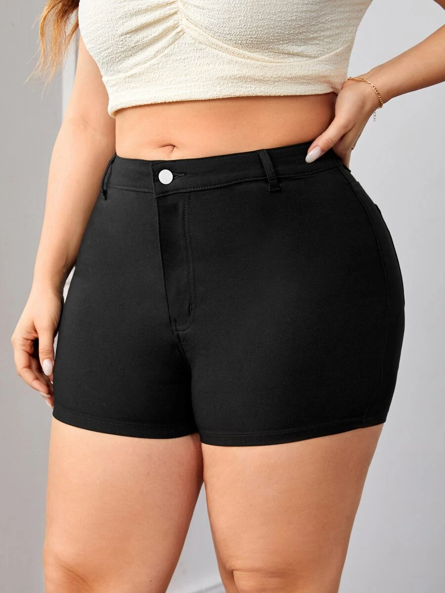 SHEIN Frenchy Plus Button Front Solid Shorts - Black - View 1