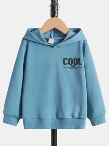 SHEIN Leap Crew 男童休闲舒适纯色英式印花套头连帽衫，百搭