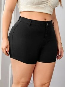 SHEIN Frenchy Plus Button Front Solid Shorts - Black - View 5