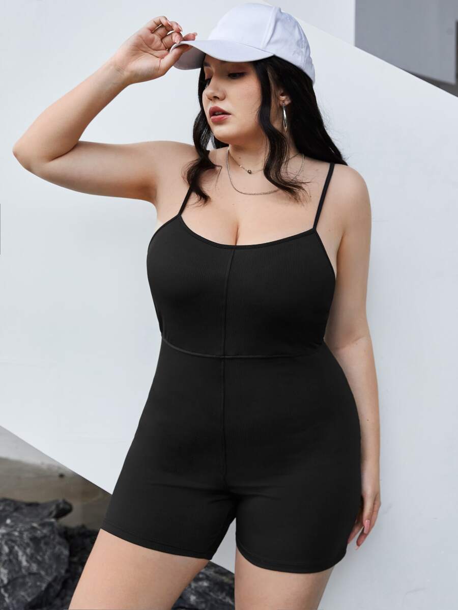 SHEIN EZwear Plus Solid Cami Unitard Romper - Black - View 1