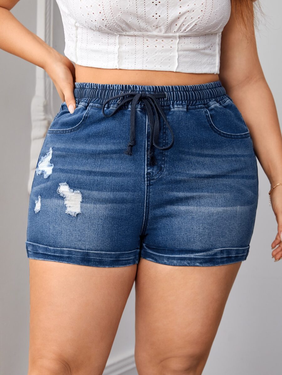 SHEIN Frenchy Plus Drawstring Waist Ripped Denim Shorts - Medium Wash - View 1