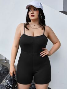 SHEIN EZwear Plus Solid Cami Unitard Romper - Black - View 4
