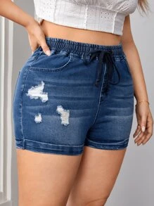 SHEIN Frenchy Plus Drawstring Waist Ripped Denim Shorts - Medium Wash - View 5