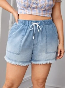 大碼腰部抽繩毛邊牛仔短褲 - 淺色水洗藍 - 查看 1