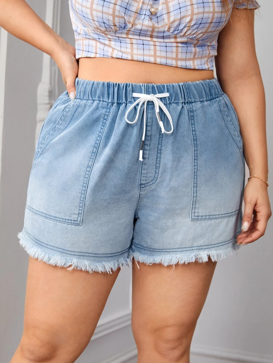 大碼腰部抽繩毛邊牛仔短褲 - 淺色水洗藍 - 查看 1