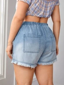 大碼腰部抽繩毛邊牛仔短褲 - 淺色水洗藍 - 查看 2