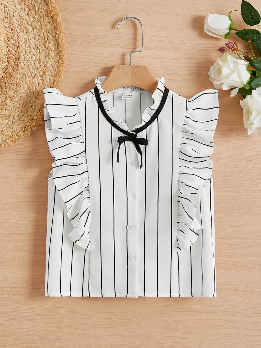 SHEIN Chicas Blusa de rayas ribete con fruncido con lazo delantero - Blanco y Negro - Ver 1