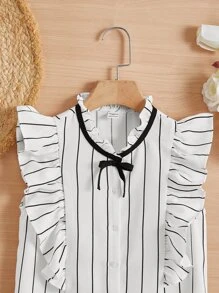 SHEIN Chicas Blusa de rayas ribete con fruncido con lazo delantero - Blanco y Negro - Ver 3