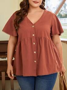 SHEIN LUNE Plus Butterfly Sleeve Button Front Peplum Blouse - Brown - View 3
