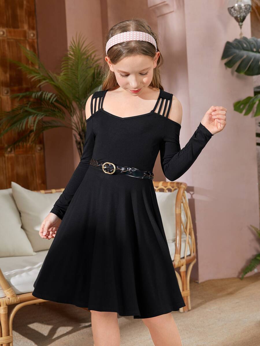 SHEIN Girls Cold Shoulder Dress Without Belt - Black - View 1