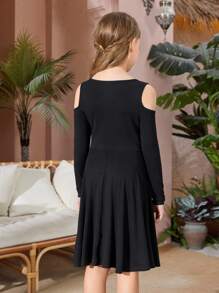 SHEIN Girls Cold Shoulder Dress Without Belt - Black - View 2