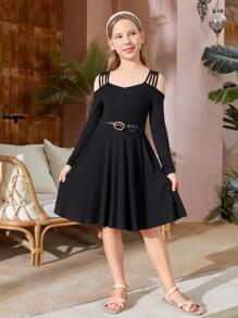 SHEIN Girls Cold Shoulder Dress Without Belt - Black - View 3
