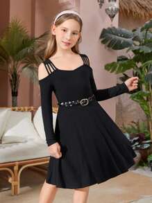 SHEIN Girls Cold Shoulder Dress Without Belt - Black - View 5