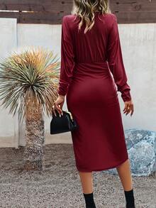 SHEIN Clasi Solid Dolman Sleeve Wrap Dress - Burgundy - View 2