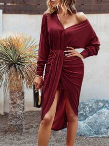 SHEIN Clasi Solid Dolman Sleeve Wrap Dress - Burgundy - View 3