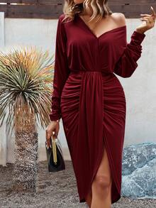 SHEIN Clasi Solid Dolman Sleeve Wrap Dress - Burgundy - View 5