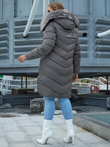 Astrid大碼拼接人造毛皮連帽拉鏈棉服外套 - 灰色 - 查看 2