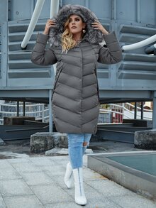 Astrid大碼拼接人造毛皮連帽拉鏈棉服外套 - 灰色 - 查看 5
