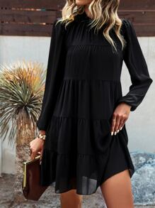 SHEIN LUNE Đầm Buộc lại phân lớp màu trơn Dễ thương - màu đen - Xem 1