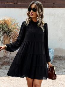 SHEIN LUNE Đầm Buộc lại phân lớp màu trơn Dễ thương - màu đen - Xem 4