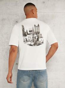Manfinity Hombres Camiseta con estampado de edificio - Blanco - Ver 1