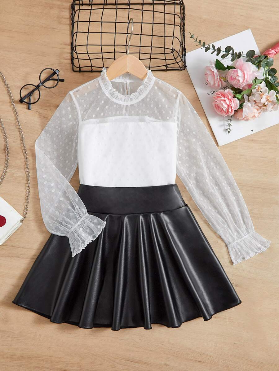 SHEIN 女孩波點網紗荷葉袖上衣和PU皮革半身裙