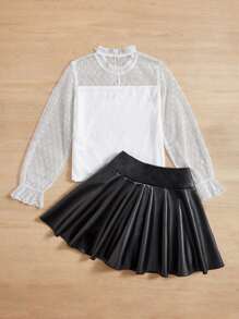 SHEIN 女孩波點網紗荷葉袖上衣和PU皮革半身裙