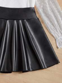 SHEIN 女孩波點網紗荷葉袖上衣和PU皮革半身裙