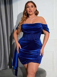 PARTHEA Plus Off Shoulder Draped Side Velvet Maxi Bodycon Dress - Royal Blue - View 1