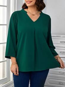 EMERY ROSE Plus Notched Neckline Plicated Detail Blouse - Dark Green - View 1