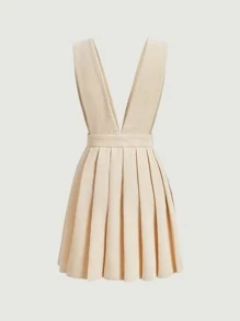 SHEIN MOD Solid Pleated Hem Dress Without Blouse - Beige - View 2