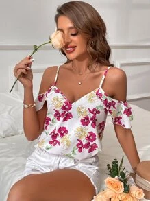 SHEIN VCAY Floral Print Cold Shoulder Blouse - White - View 1