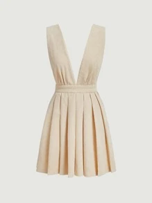 SHEIN MOD Solid Pleated Hem Dress Without Blouse - Beige - View 3