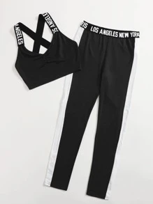 Mulvari Crisscross Ruched Top & Contrast Sideseam Pants Set - Black - View 3