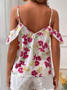 SHEIN VCAY Floral Print Cold Shoulder Blouse - White - View 2