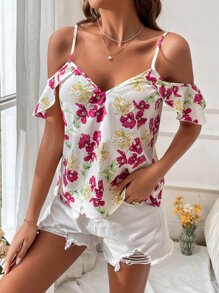 SHEIN VCAY Floral Print Cold Shoulder Blouse - White - View 5