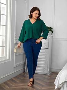 EMERY ROSE Plus Notched Neckline Plicated Detail Blouse - Dark Green - View 5