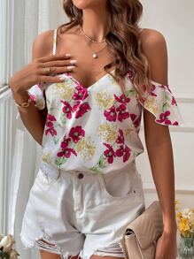 SHEIN VCAY Floral Print Cold Shoulder Blouse - White - View 6