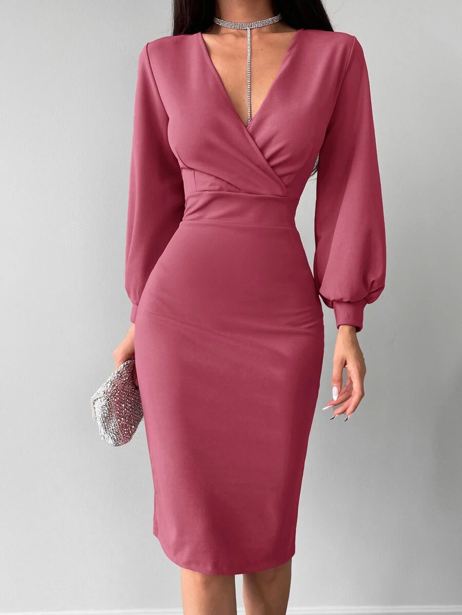 EURMUSE Surplice Neck Lantern Sleeve Split Back Fitted Dress - Pink - View 1