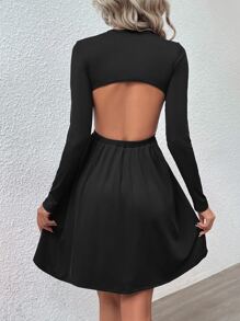 SHEIN LUNE 素色露背A字連衣裙 - 黑色 - 查看 1