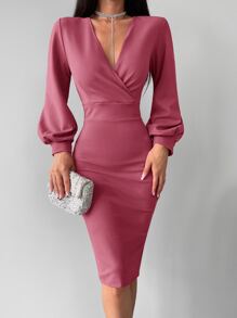 EURMUSE Surplice Neck Lantern Sleeve Split Back Fitted Dress - Pink - View 3