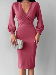 EURMUSE Surplice Neck Lantern Sleeve Split Back Fitted Dress - Pink - View 5