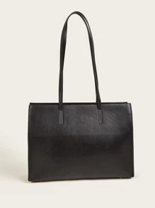 Minimalist Solid Color Square Shoulder Bag, All-Match Textured Top Handle Bag, Women's Versatile Crossbody Bag Letter Detail Shoulder Tote Bag For Teen Girls Women College Students,Rookies & White-collar Workers Perfect for Office,Work ,Business,Commute Best Work Bag for Women - Black - View 2