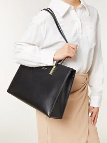 Minimalist Solid Color Square Shoulder Bag, All-Match Textured Top Handle Bag, Women's Versatile Crossbody Bag Letter Detail Shoulder Tote Bag For Teen Girls Women College Students,Rookies & White-collar Workers Perfect for Office,Work ,Business,Commute Best Work Bag for Women - Black - View 5
