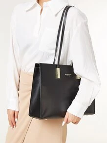 Minimalist Solid Color Square Shoulder Bag, All-Match Textured Top Handle Bag, Women's Versatile Crossbody Bag Letter Detail Shoulder Tote Bag For Teen Girls Women College Students,Rookies & White-collar Workers Perfect for Office,Work ,Business,Commute Best Work Bag for Women - Black - View 7