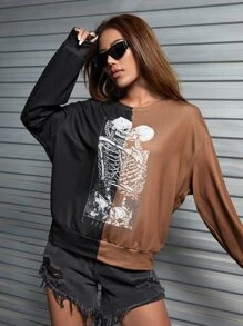 Deniart Skeleton Print Two Tone Drop Shoulder Sweatshirt - Multicolor - View 3